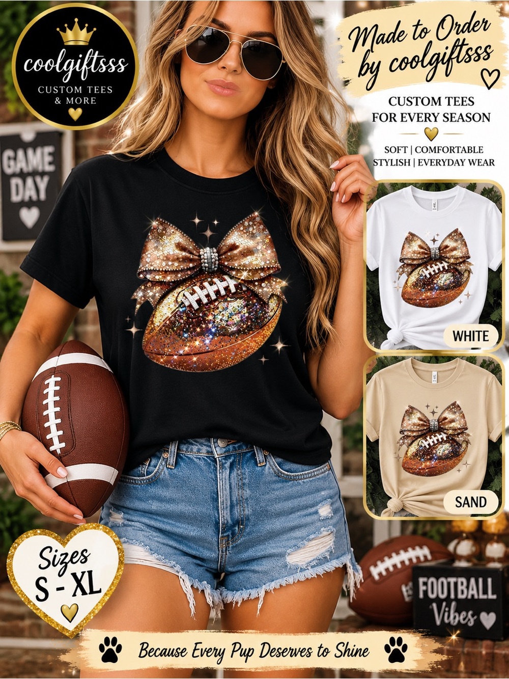 Football Graphic Tee | Sparkle Bow Game Day Shirt | Women’s S–XL | Black, White
